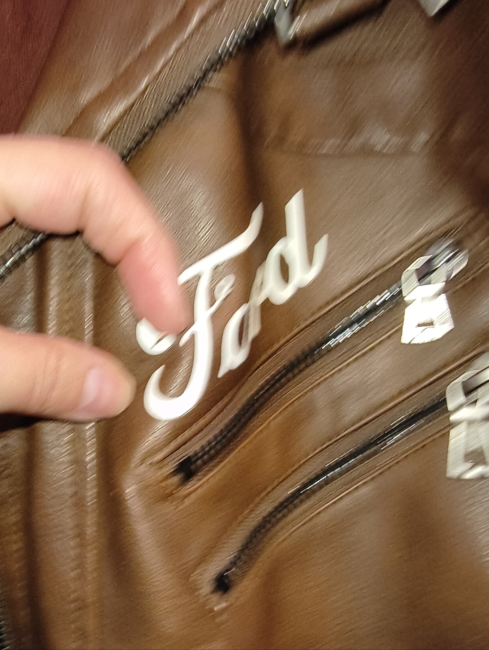 Woman's Brown Hooded Faux Leather Jacket with Ford Patch - Picture 4 of 14